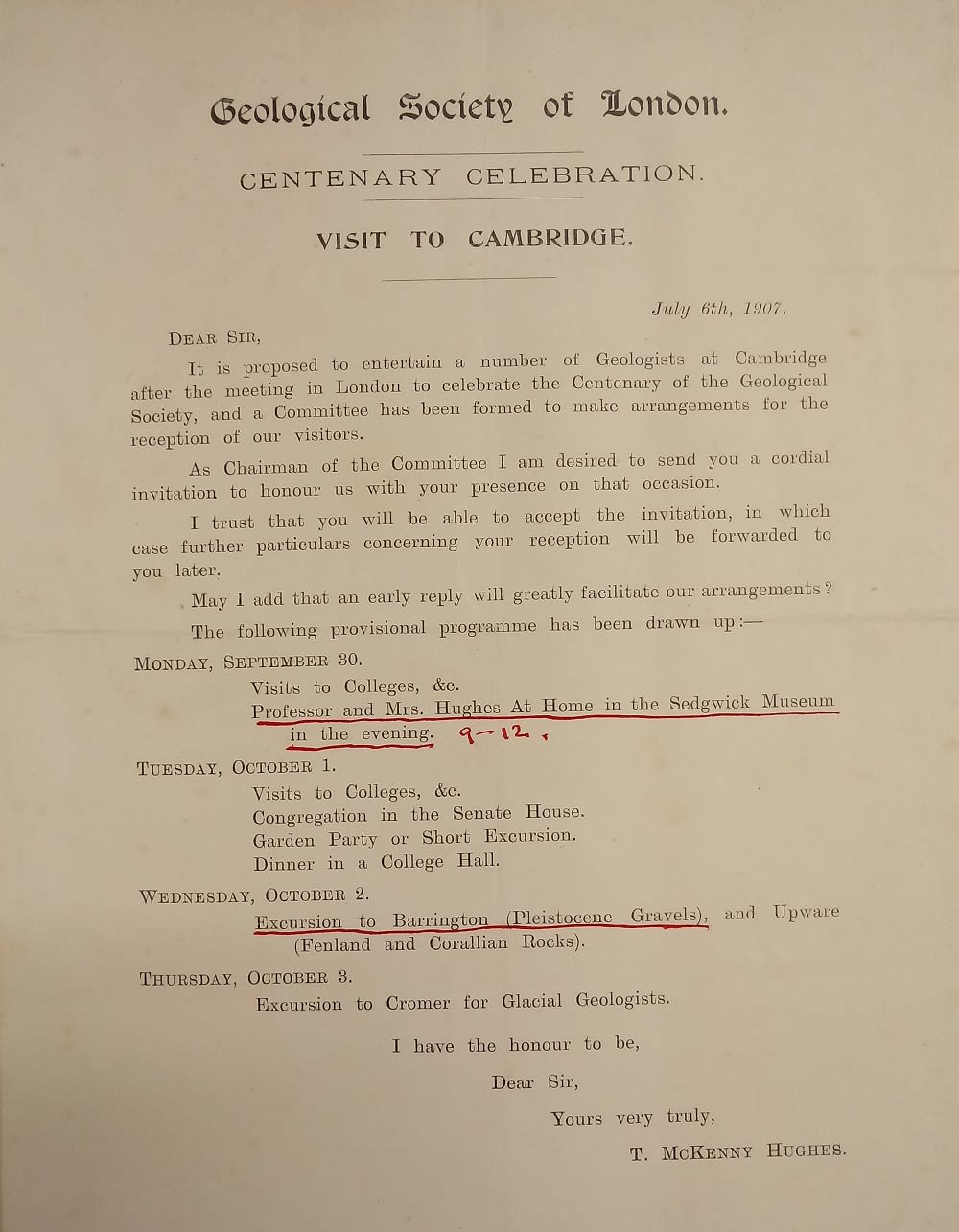 Typed itinerary with handwritten alteration. Signed by Professor Hughes.