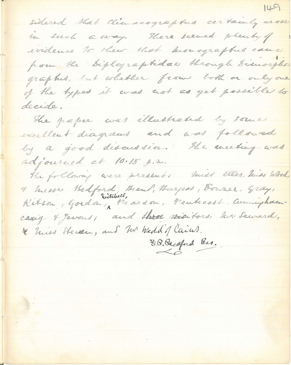 Handwritten notes from a bound Club minute book. They are annotated and signed by the Club president.